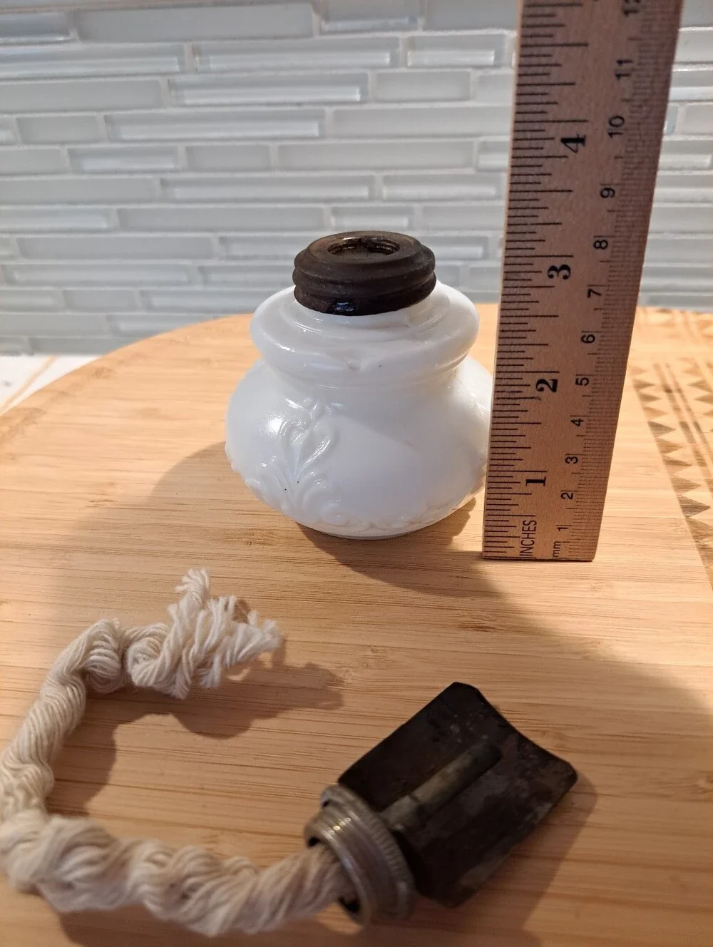Antique Unique Milk Glass Fleur De Lis Embossed Pattern Miniature Oil Lamp